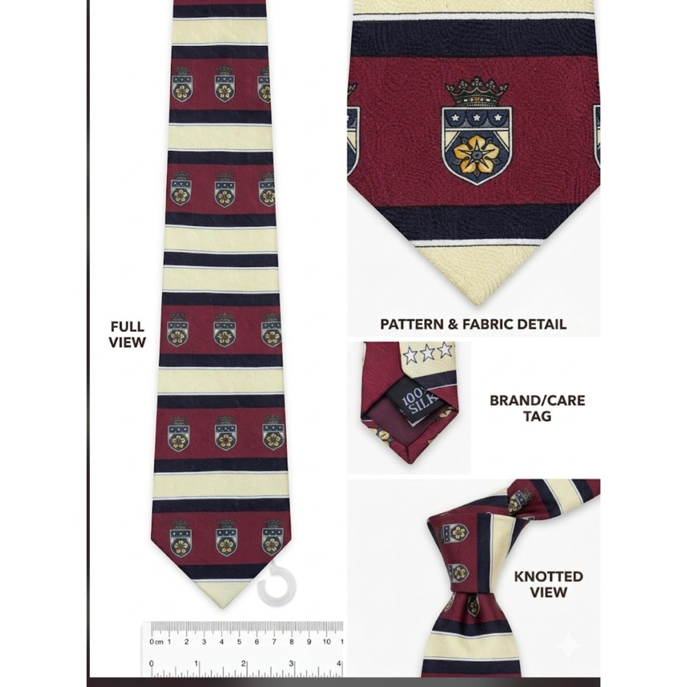 Evan-Picone Mens Silk Tie Burgundy Navy Cream Striped Crest Emblem Necktie